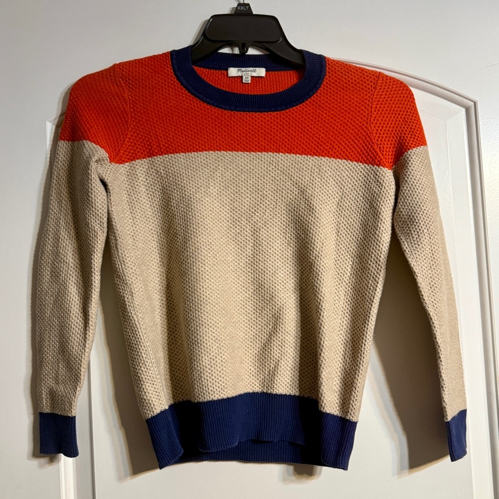 Madewell Sweater XS Orange Tan Navy Blue Colorblock Waffle Knit Preppy Coastal
